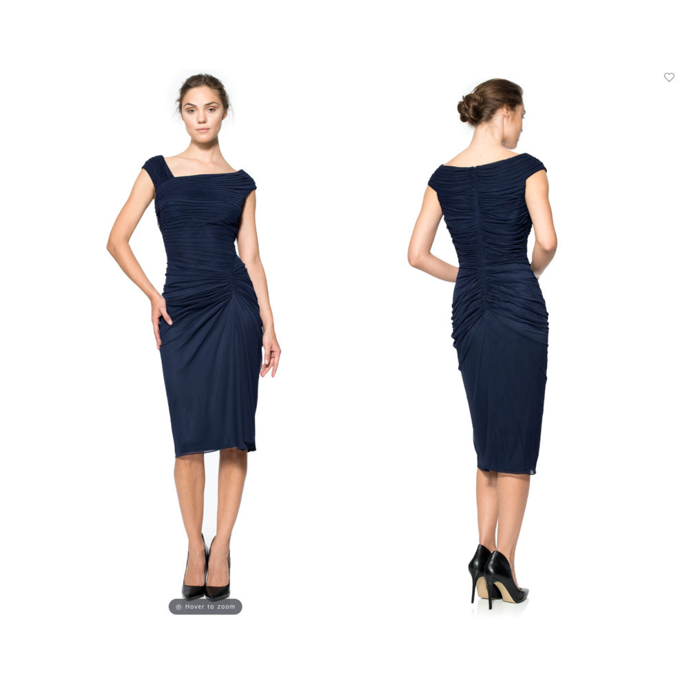 Tadashi Shoji Blue Asymmetrical Ruched Midi Dress XS Drape Formal Mesh $333